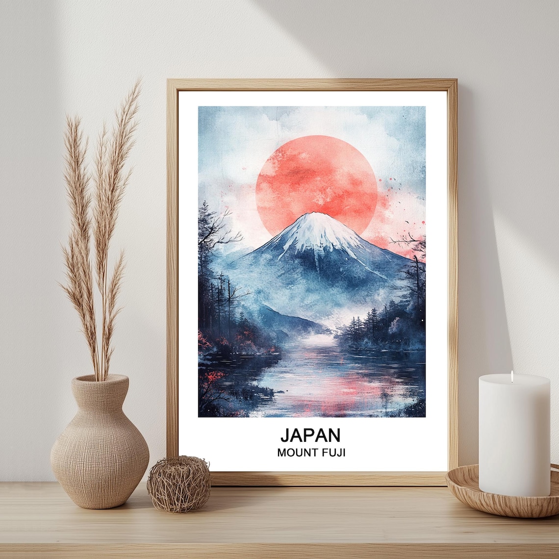 Japan Mount Fuji Watercolor Red Sun Snowy Peak Lake Travel Poster