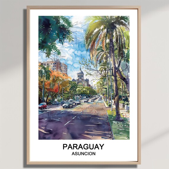 Asuncion Paraguay Palm Avenue Watercolor Capital City Travel Poster