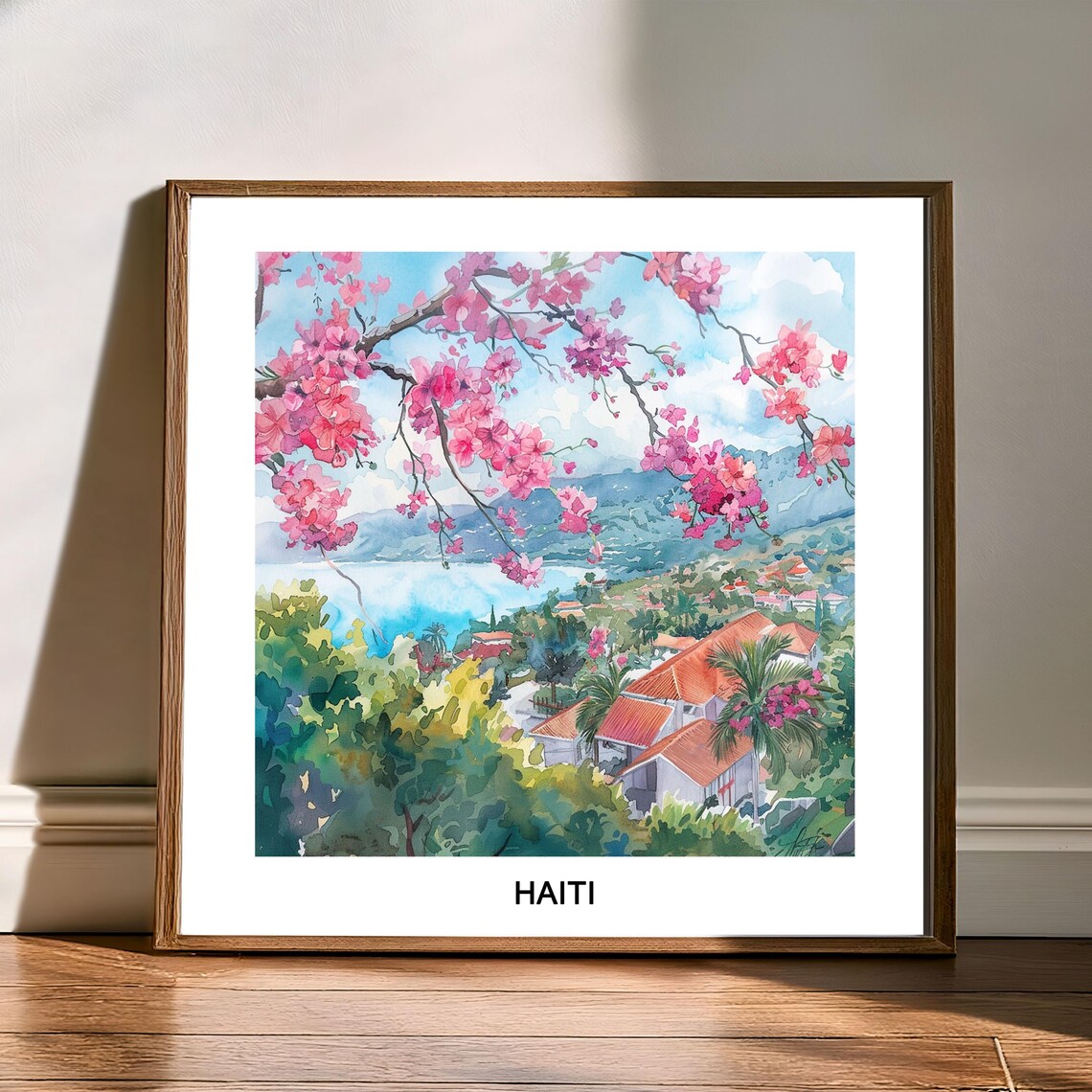 Haiti Pink Blossom Bay Watercolor Tropical Scenic Travel Poster