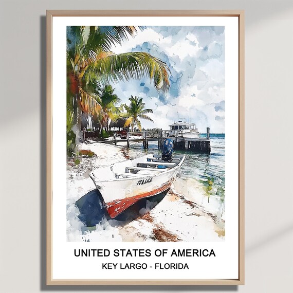 Key Largo Florida Watercolor Poster of a Fishing Boat on the Beach