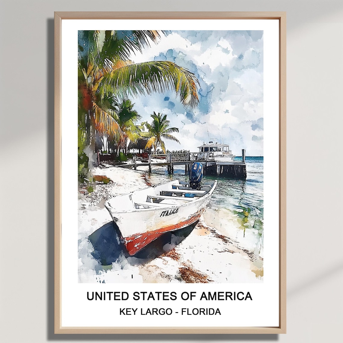 Key Largo Florida Watercolor Poster of a Fishing Boat on the Beach