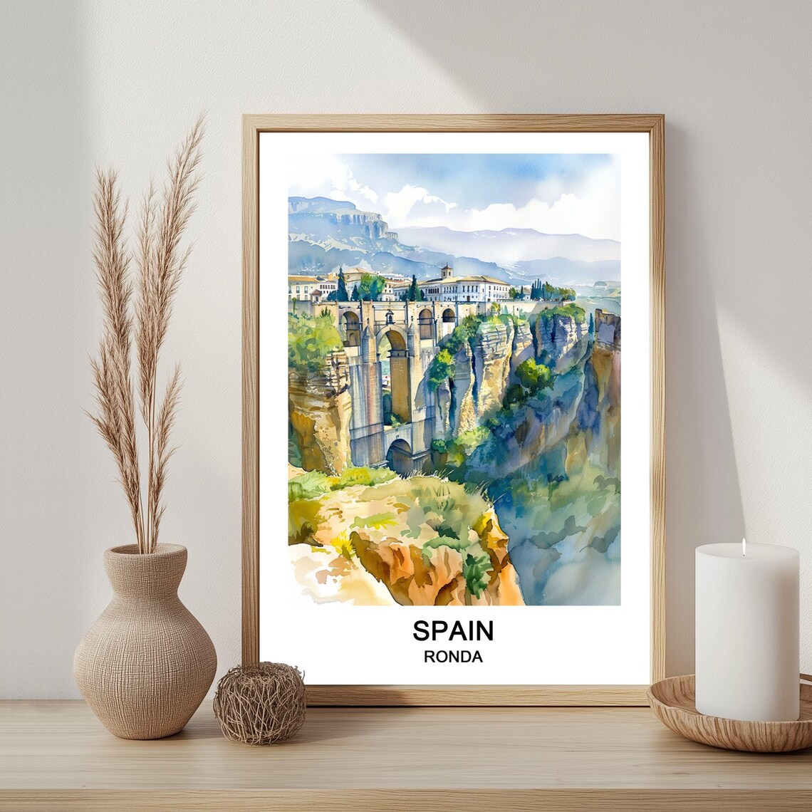 Ronda Spain Watercolor Travel Poster Puente Nuevo Gorge Bridge View