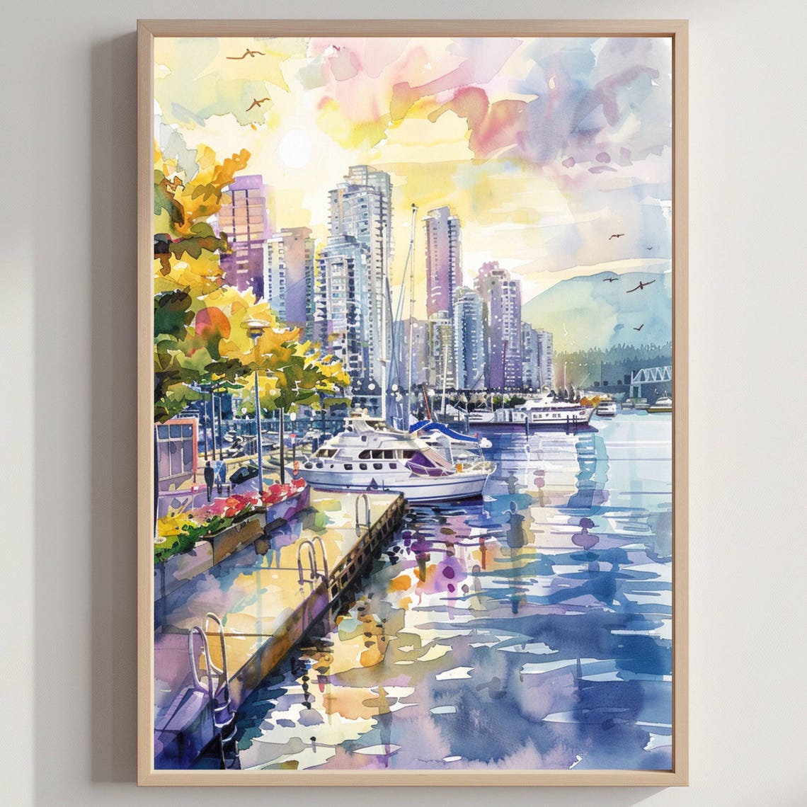 Vancouver Canada Marina Waterfront Golden Sunset Watercolor Poster