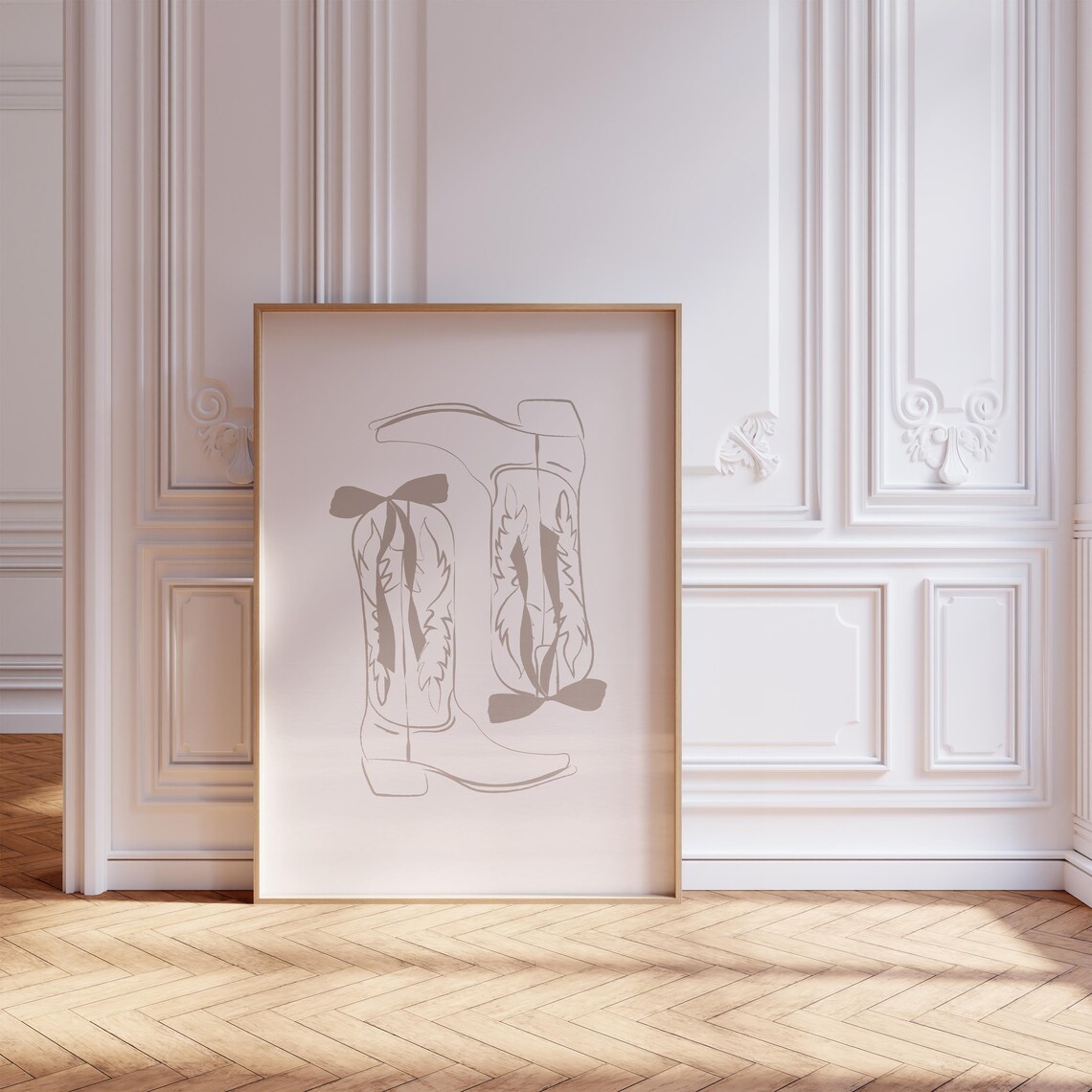 Beige Western Cowgirl Boots With Bows Trendy Minimalist Art Poster