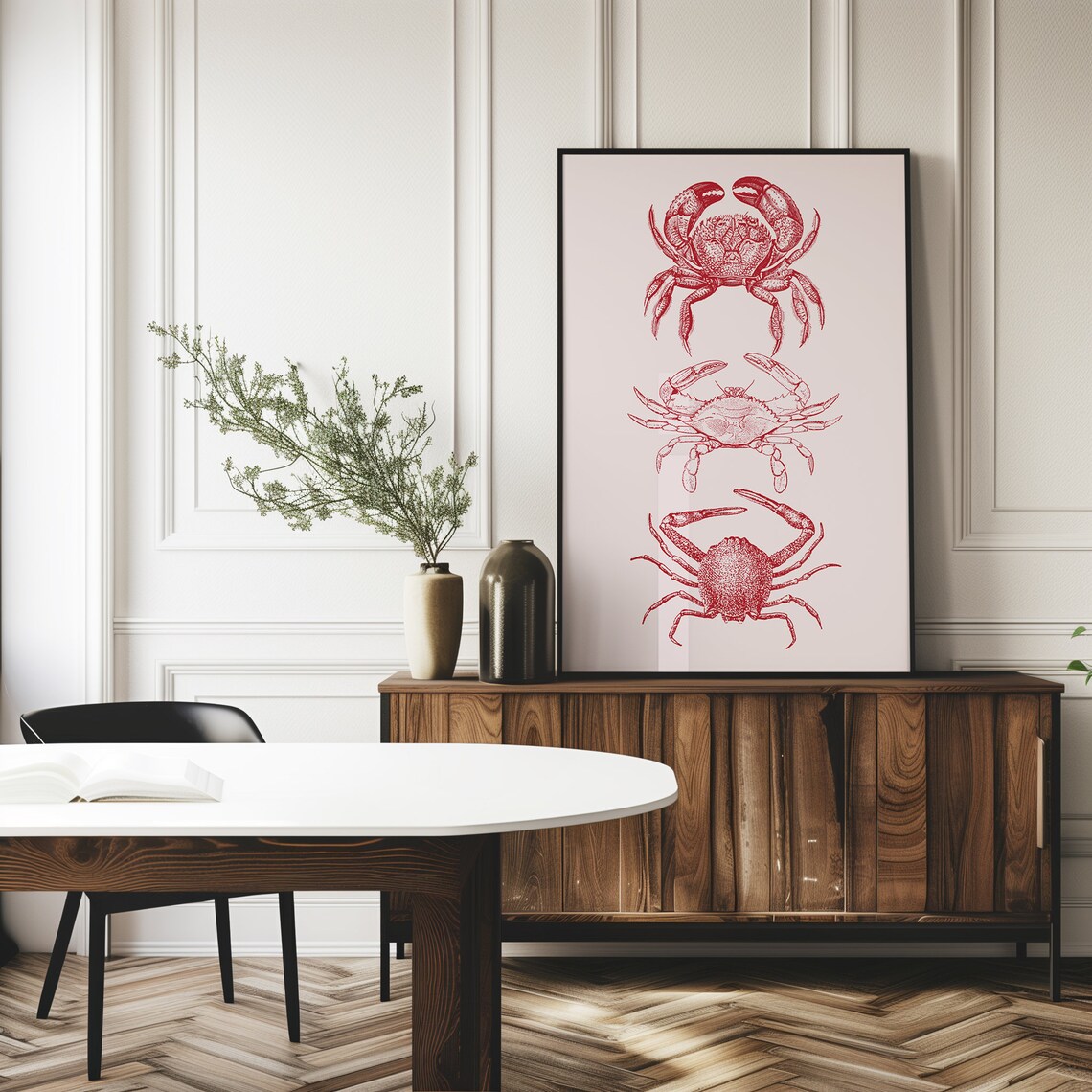 Pink Crab Trio Vintage Botanical Seafood Illustration Kitchen Wall Art
