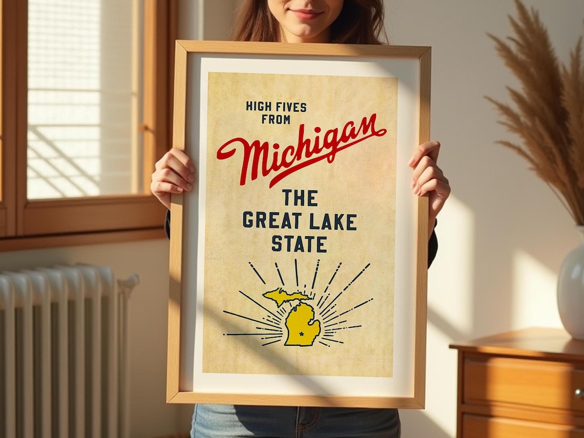 Retro Michigan Travel Poster, Great Lakes Decor