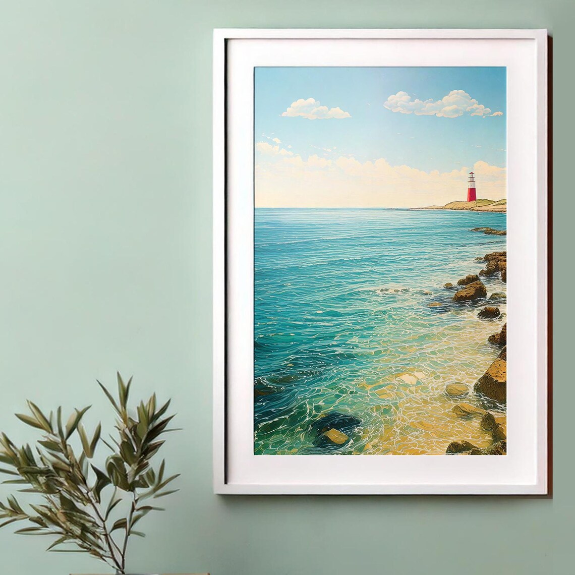 Turquoise Seascape Coastal Lighthouse Rocky Shore Summer Poster