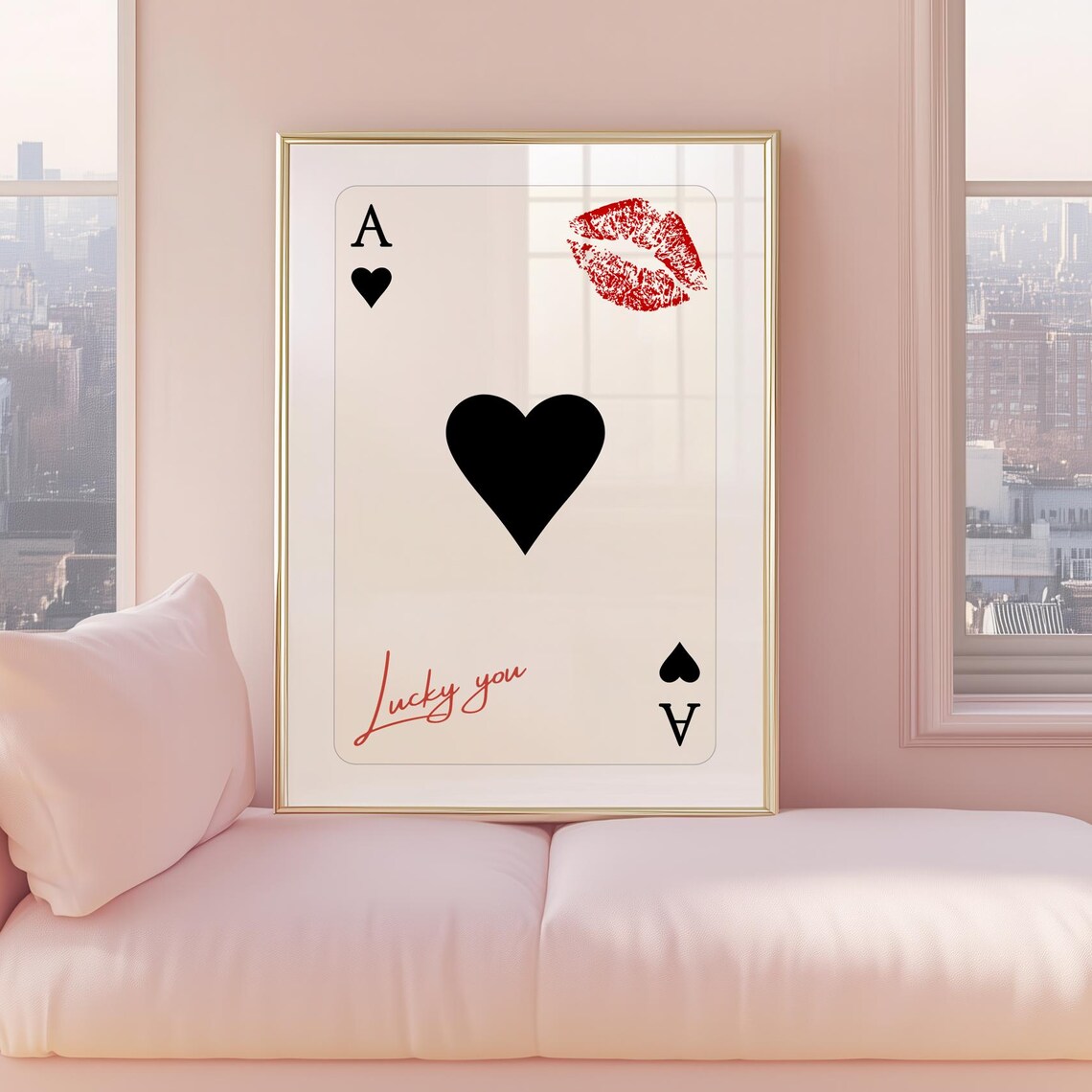 Ace of Hearts Lucky You Playing Card Red Kiss Mark Trendy Poster