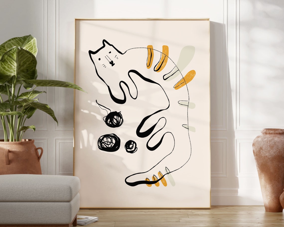 Abstract Line Art Cat with Yarn Balls Modern Minimalist Cat Poster