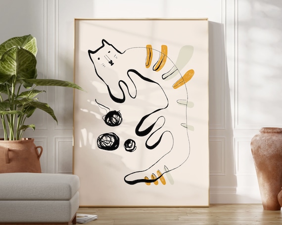 Abstract Line Art Cat with Yarn Balls Modern Minimalist Cat Poster