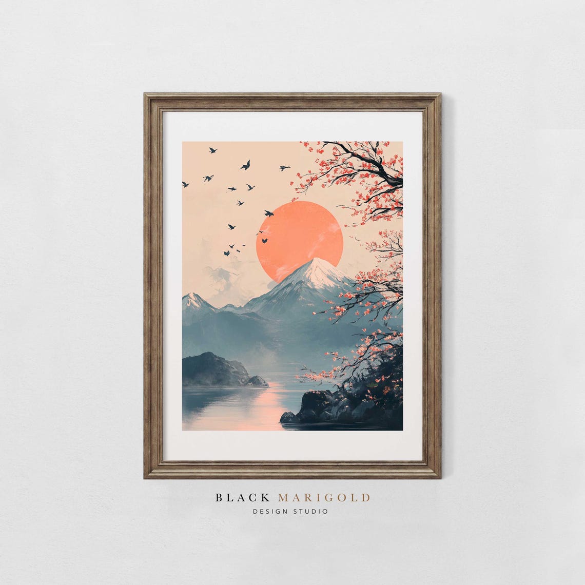 Mount Fuji Under a Rising Sun With Cherry Blossom Art Poster - Image 2