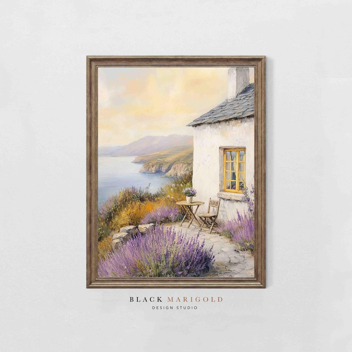 White Cottage With Lavender Fields and Sea View Vintage Poster - Image 2