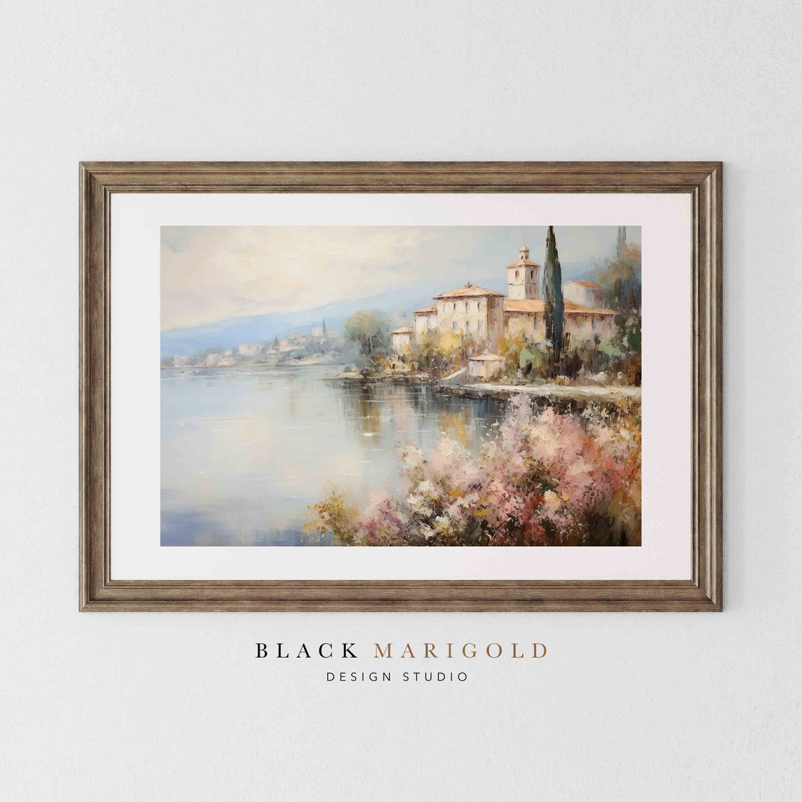 Italian Lakeside Villa With Bell Tower and Pink Blooms Poster