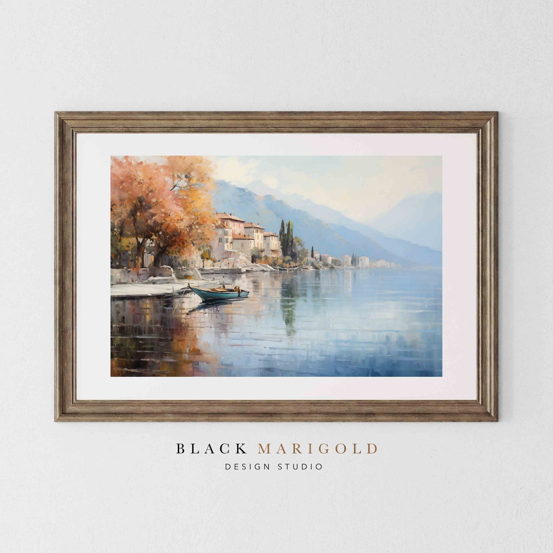 Quiet Lakeside Village With a Sailboat in Autumn Light Wall Art - Image 2