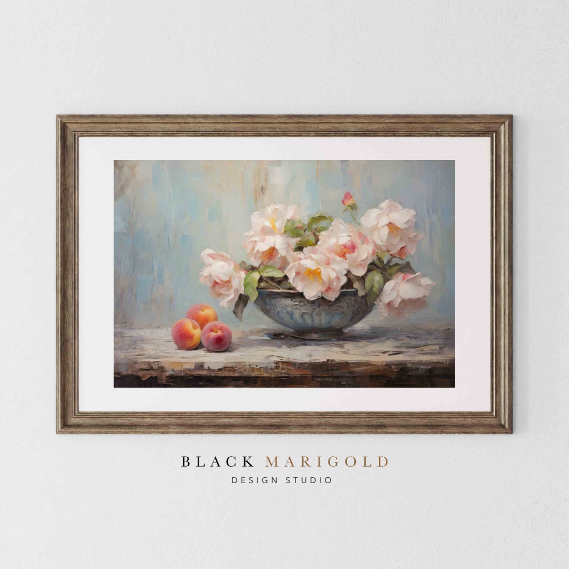 White Peonies in a Blue Bowl Beside Fresh Peaches Art Poster - Image 2