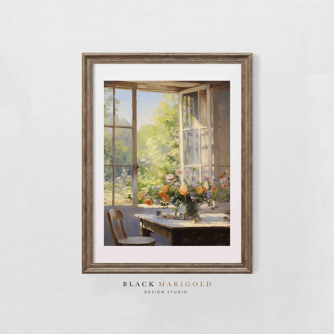 Sunlit Room With Open French Doors Overlooking Garden Poster