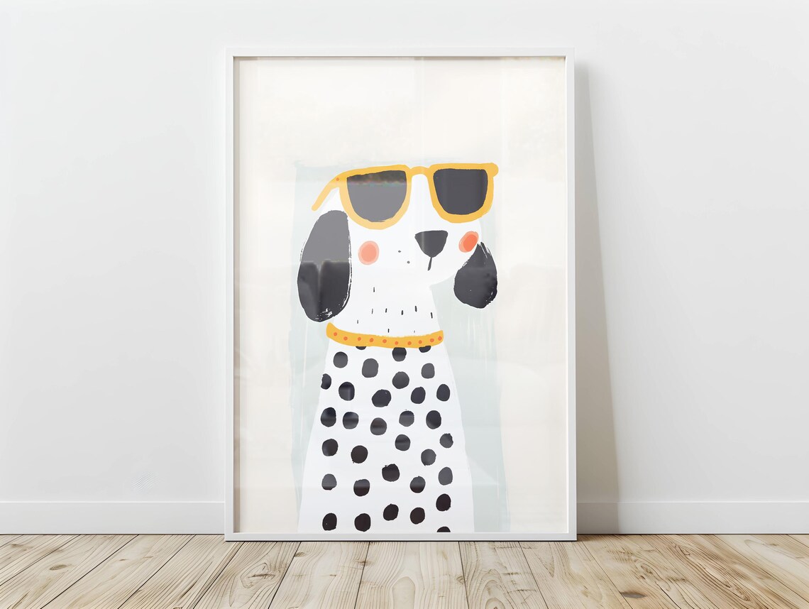 Spotted Dog Yellow Sunglasses Cute Minimalist Funny Pet Poster