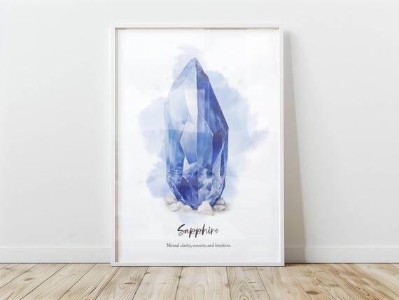 September Sapphire Birthstone Print Birth Stone Poster For Crystal Lovers Gemstone Wall Art Flower Decor