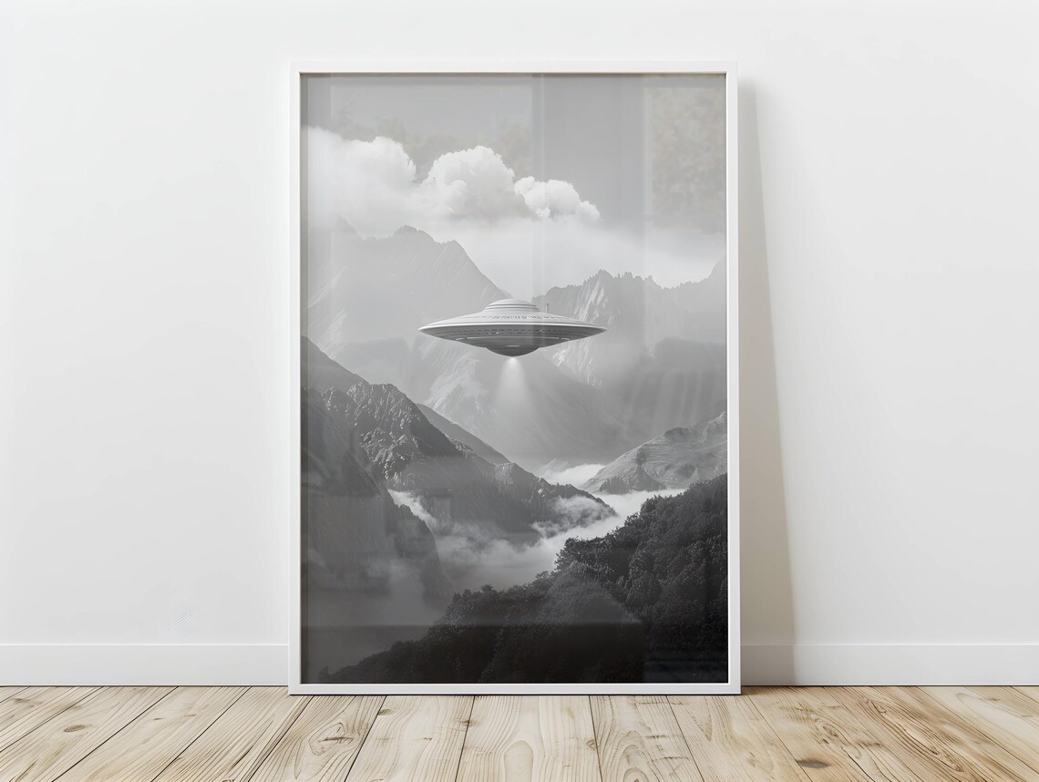 Vintage Black and White UFO Poster, Retro Space Art