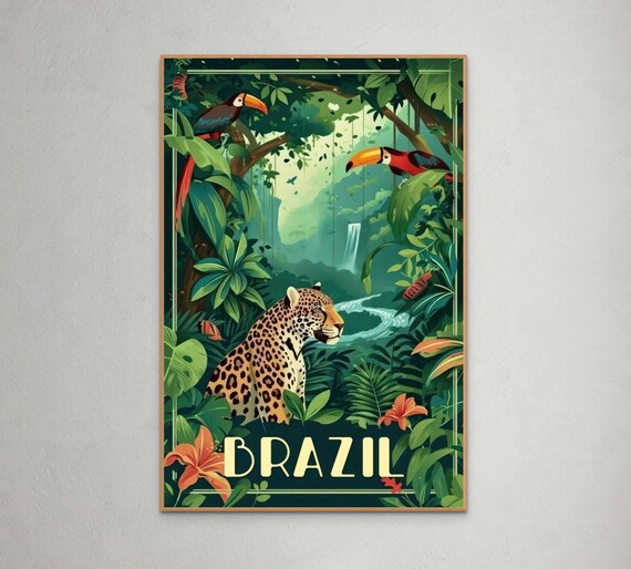 Brazil Amazon Rainforest Jaguar Toucan Tropical Wildlife Jungle Poster