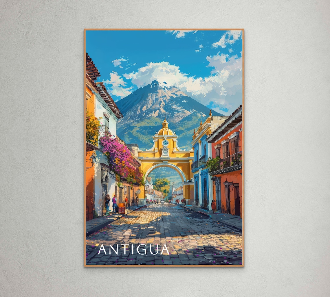 Antigua Guatemala Travel Poster, Colonial Street Scene