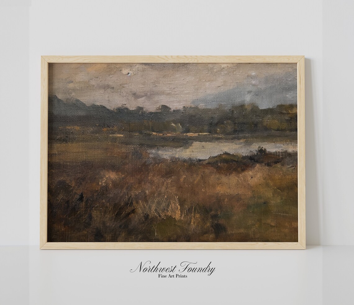 Moody Earthy Meadow Lake Landscape Dark Antique Oil Painting Poster