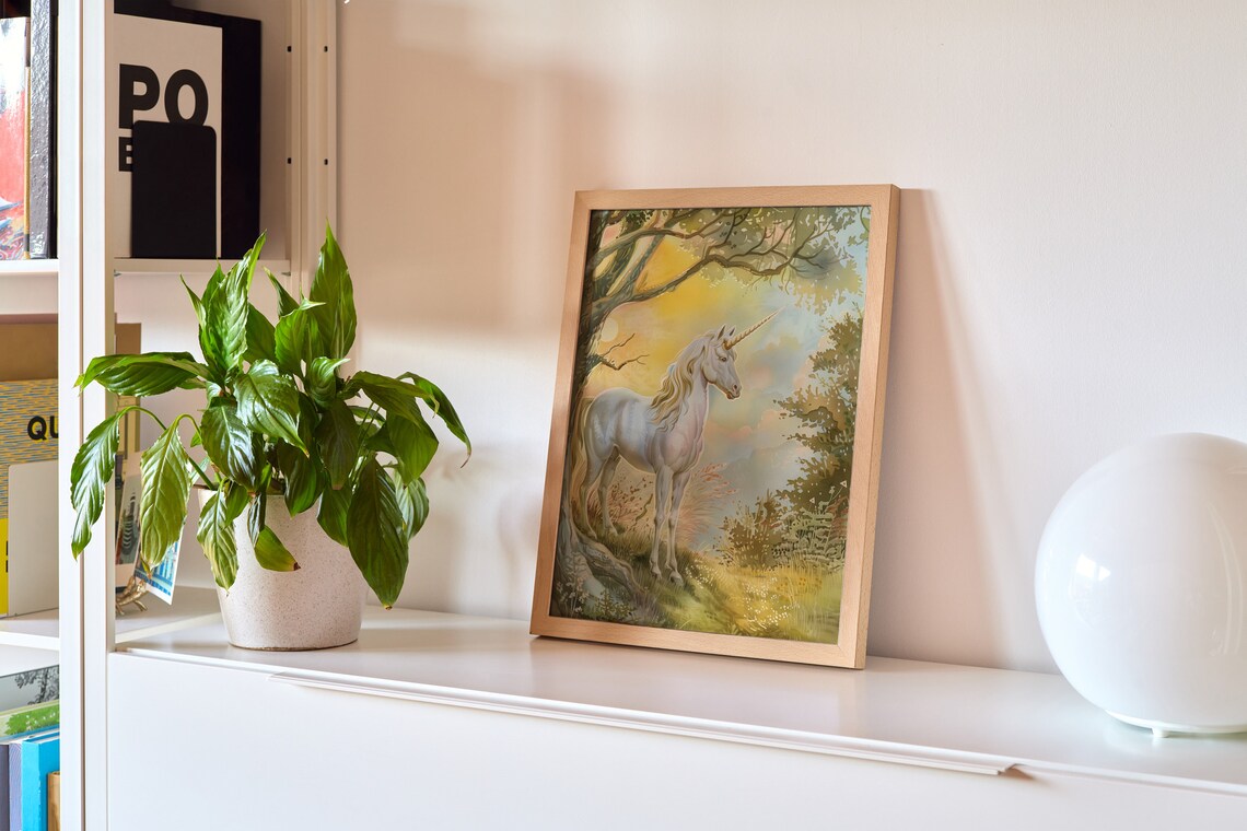 White Unicorn in Golden Sunset Meadow Vintage Fairytale Poster - Image 3