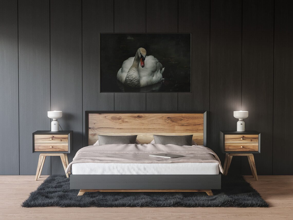 White Swan on Dark Water Moody Black Dark Academia Painting Poster - Image 2