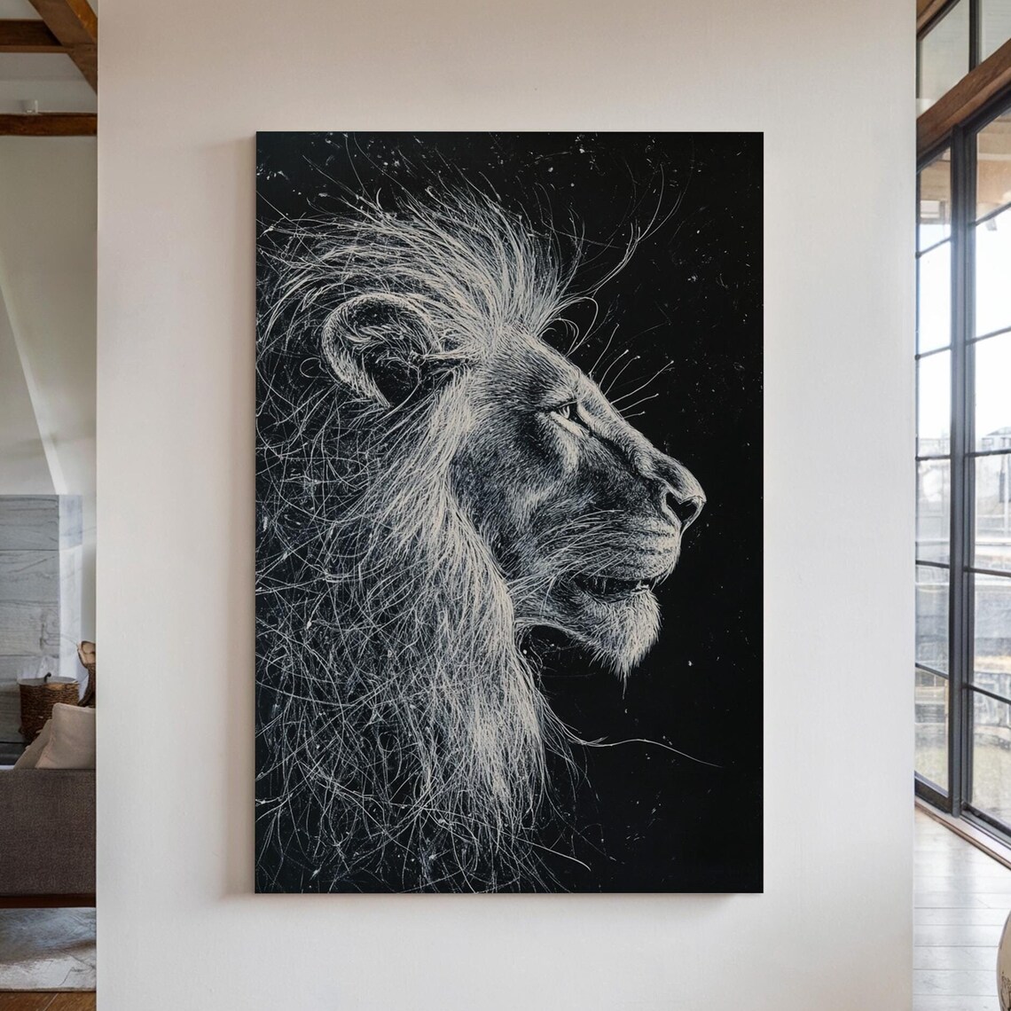Lion Profile Scratchboard Style Black And White Wild Animal Wall Art Print
