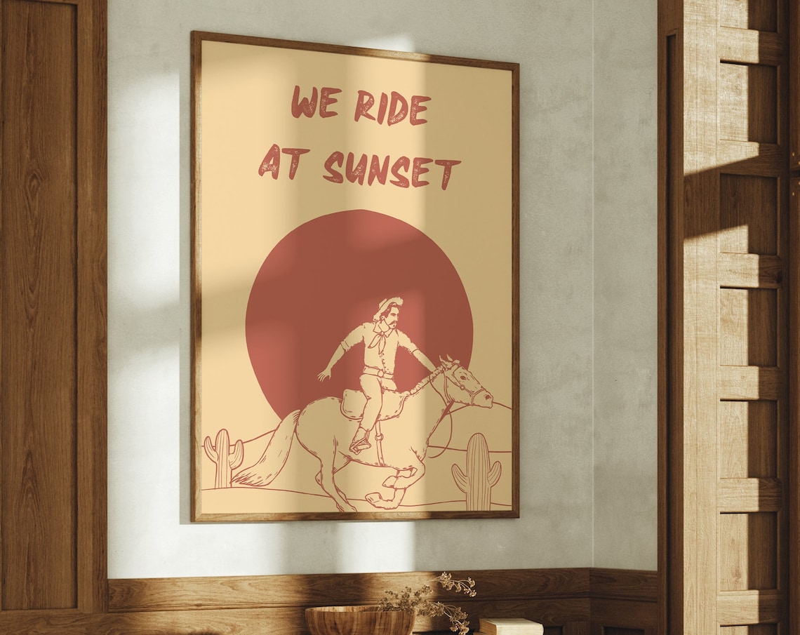 We Ride At Sunset Cowboy Horse Red Sun Retro Western Art Poster