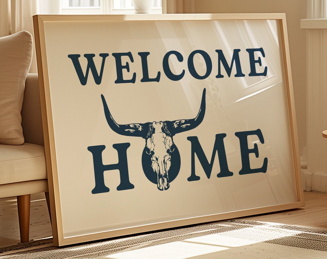 Welcome Home Longhorn Skull Navy Boho Western Ranch Decor Poster