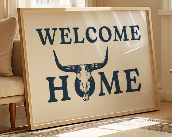 Welcome Home Longhorn Skull Navy Boho Western Ranch Decor Poster