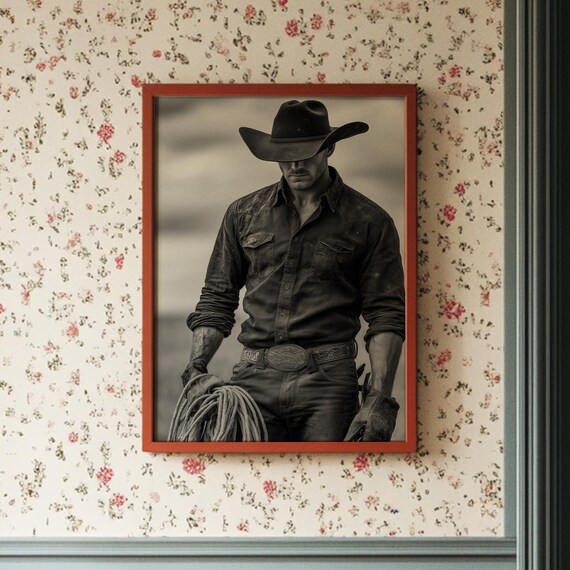 Lone Cowboy with Rope Black and White Western Portrait Poster