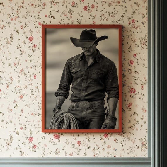 Lone Cowboy With Rope In Black And White