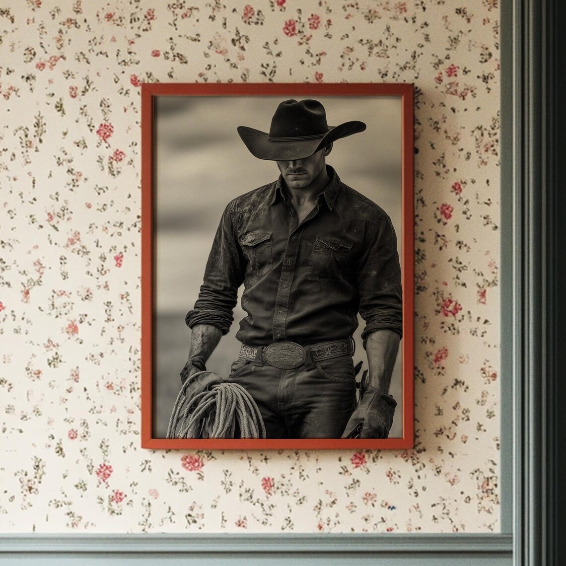 Lone Cowboy with Rope Black and White Western Portrait Poster