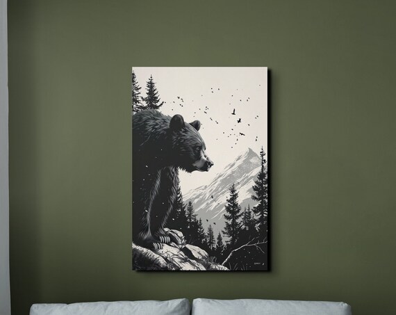 Black Bear Mountain Ink Art Wilderness Wildlife Forest Wall Art