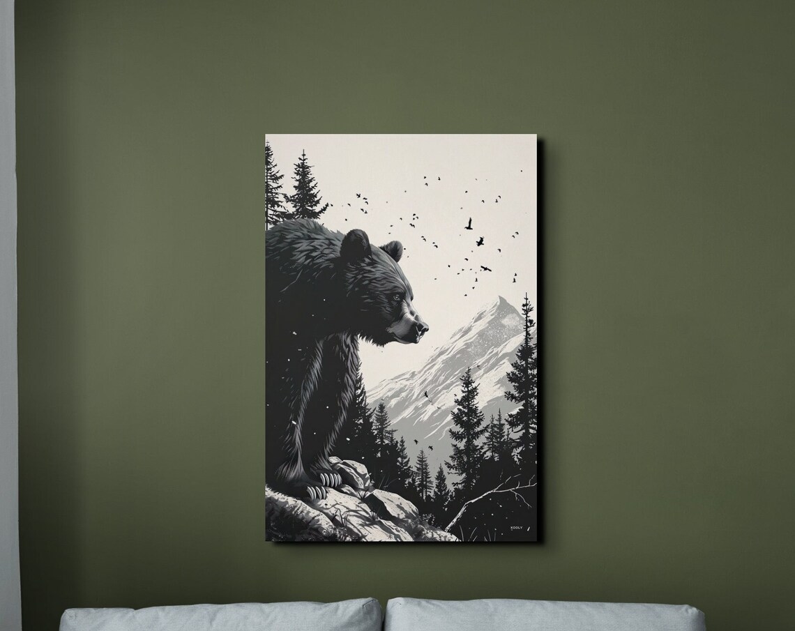 Black Bear Mountain Ink Art Wilderness Wildlife Forest Wall Art
