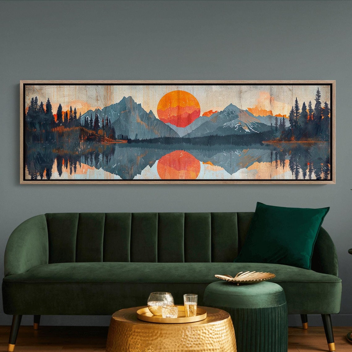Big Orange Sun Over Mountain Lake Reflection Mid Century Wall Art