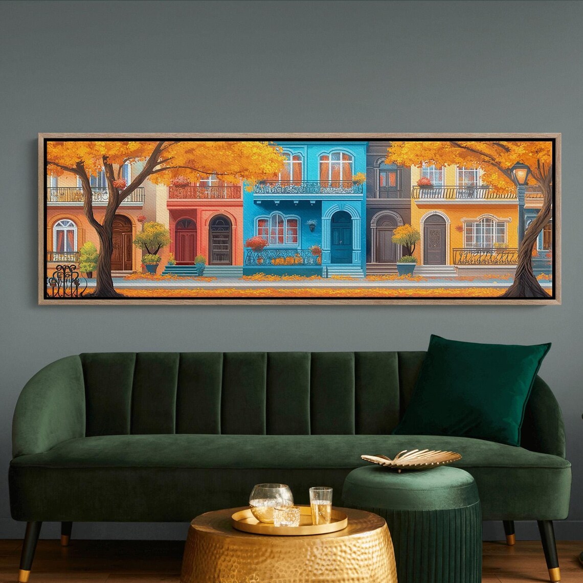 Charming Row Houses Fall Street Scene Vibrant Town Poster Decor