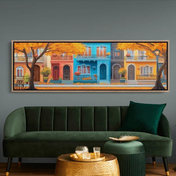 Charming Row Houses Fall Street Scene Vibrant Town Poster Decor