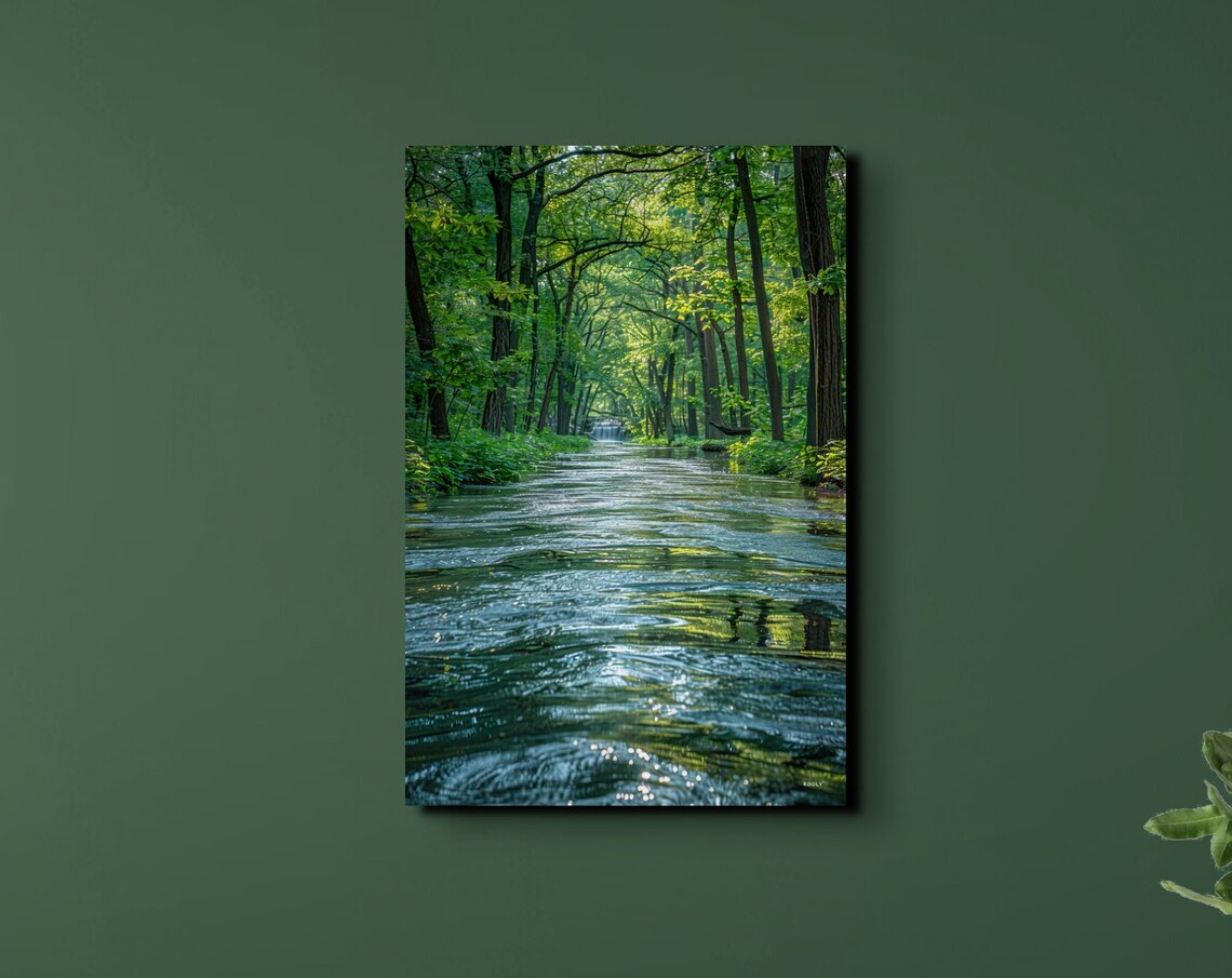Peaceful Morning River Flowing Through a Sunlit Green Forest Poster