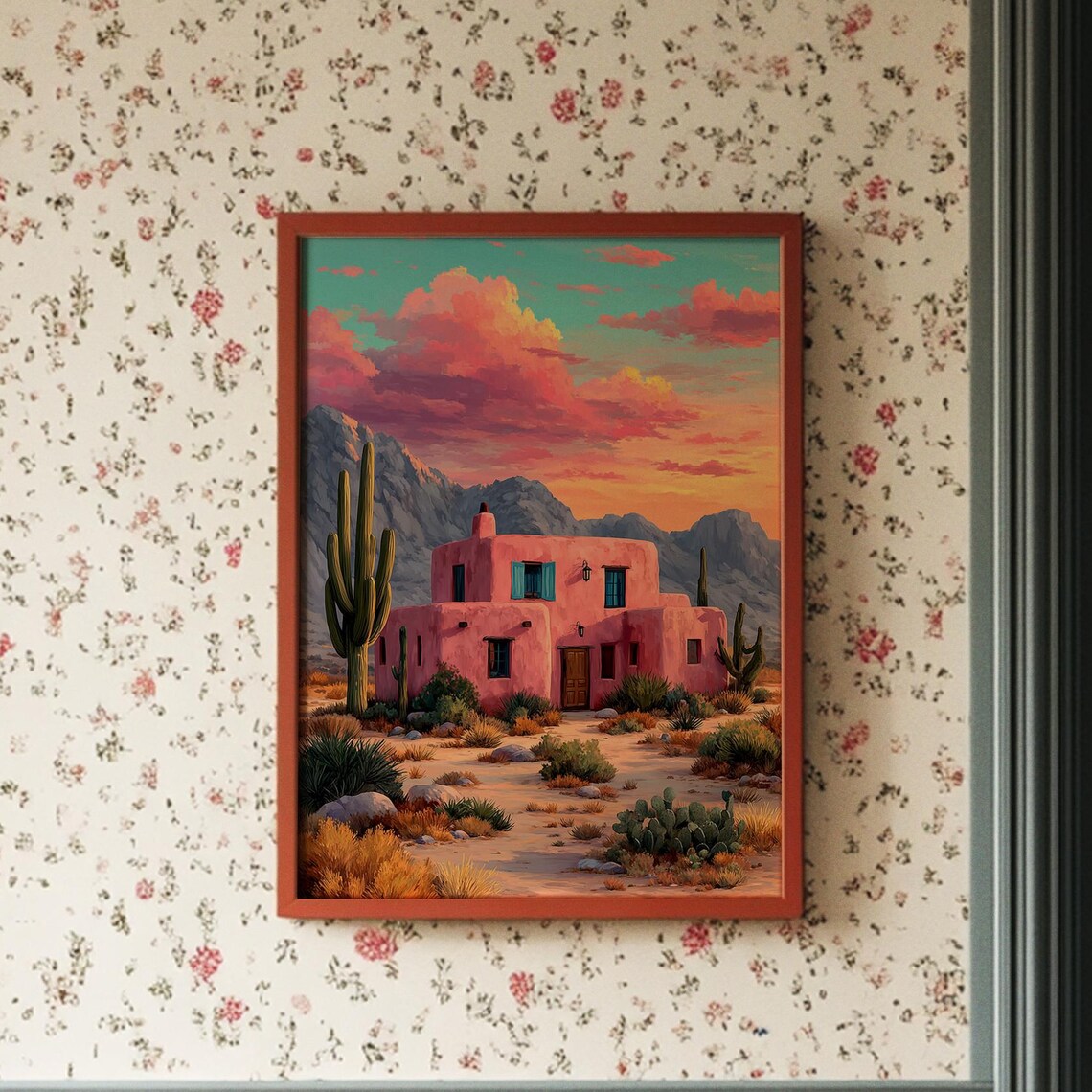 Pink Adobe Desert House At Sunset With Saguaro Cacti Wall Art