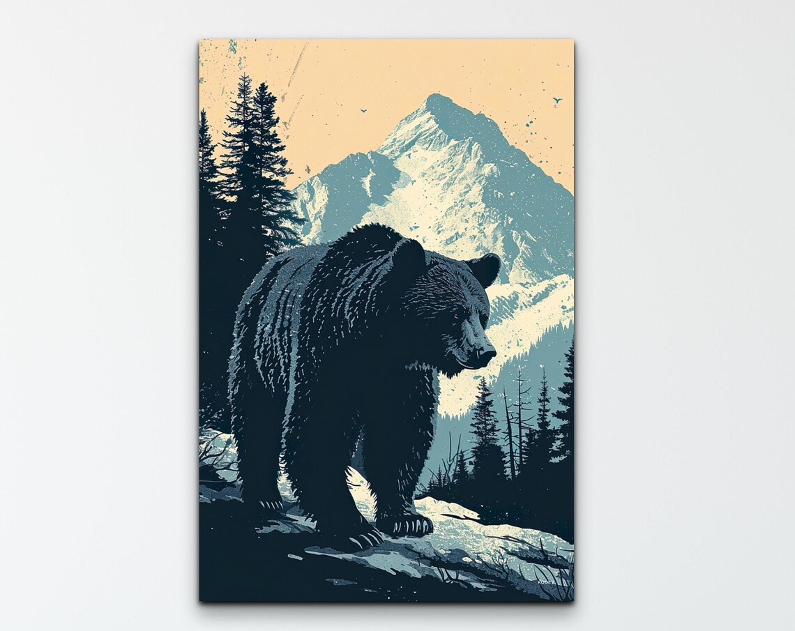 Black Bear Snowy Peak Retro Navy Wildlife Mountain Peak Poster