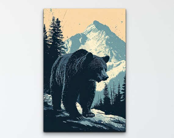 Black Bear Snowy Peak Retro Navy Wildlife Mountain Peak Poster