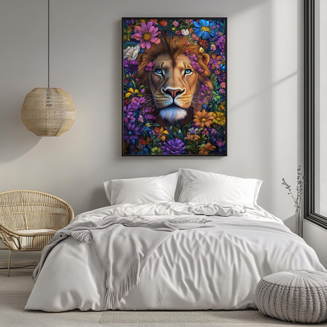Majestic Lion Surrounded By Colorful Flowers Vibrant Wildlife Portrait Poster - Image 4