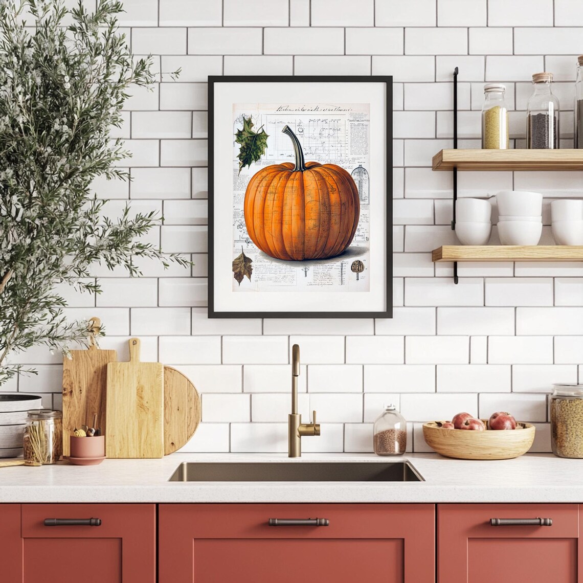 Large Orange Pumpkin On Vintage Manuscript Autumn Kitchen Poster - Image 4