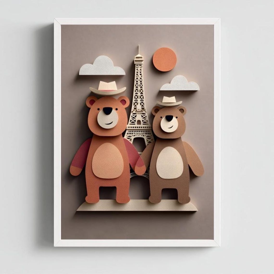 Teddy Bears Paris Eiffel Tower Cowboy Hats Paper Cut Nursery Poster