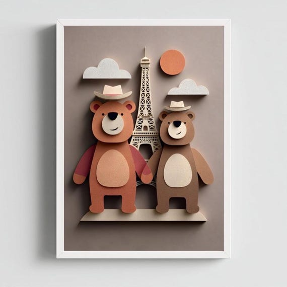 Teddy Bears Paris Kids Cowboy Style Nursery Decor Art Print 1211