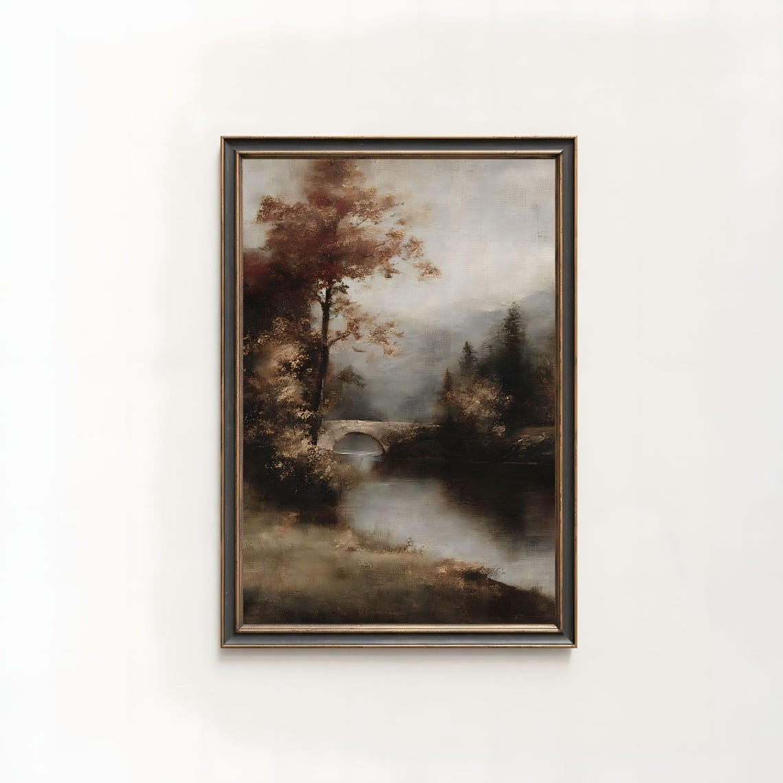 Moody Autumn Forest River With Stone Bridge Fall Landscape Poster