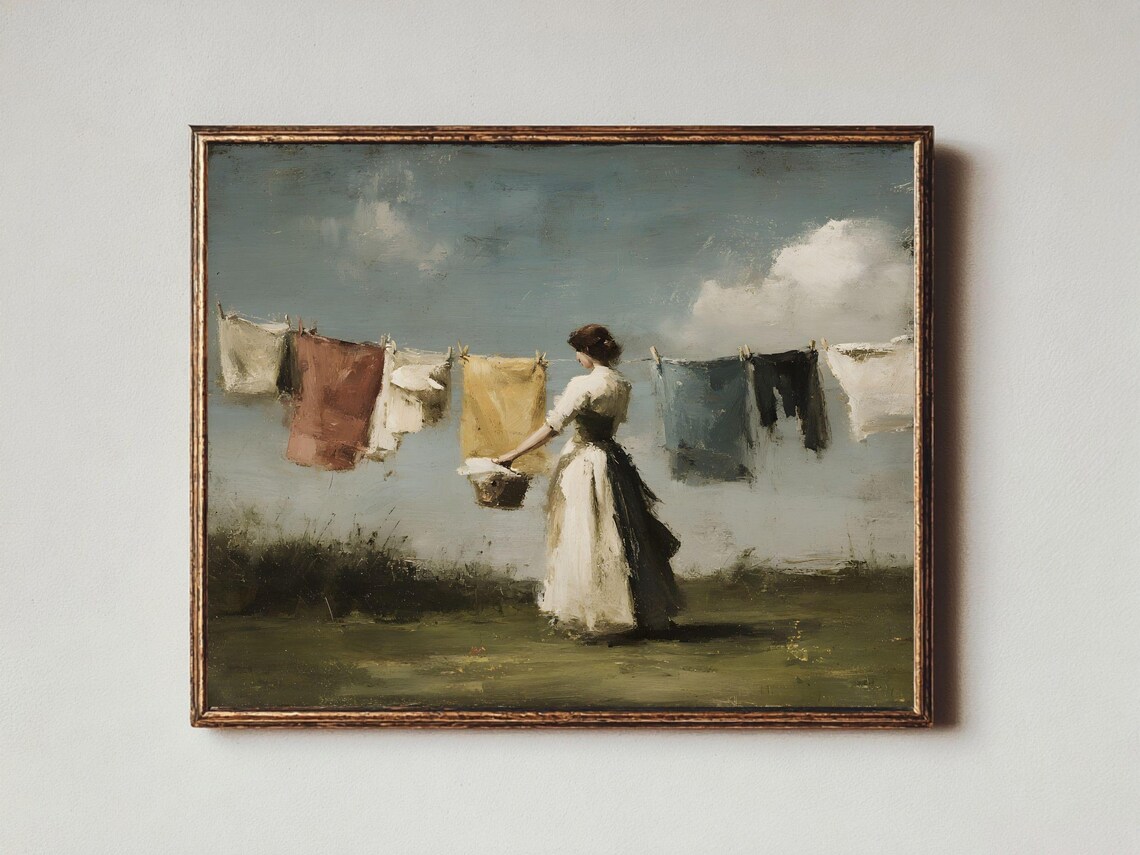 Vintage Woman Hanging Laundry Clothesline Rustic Farm Oil Painting Poster